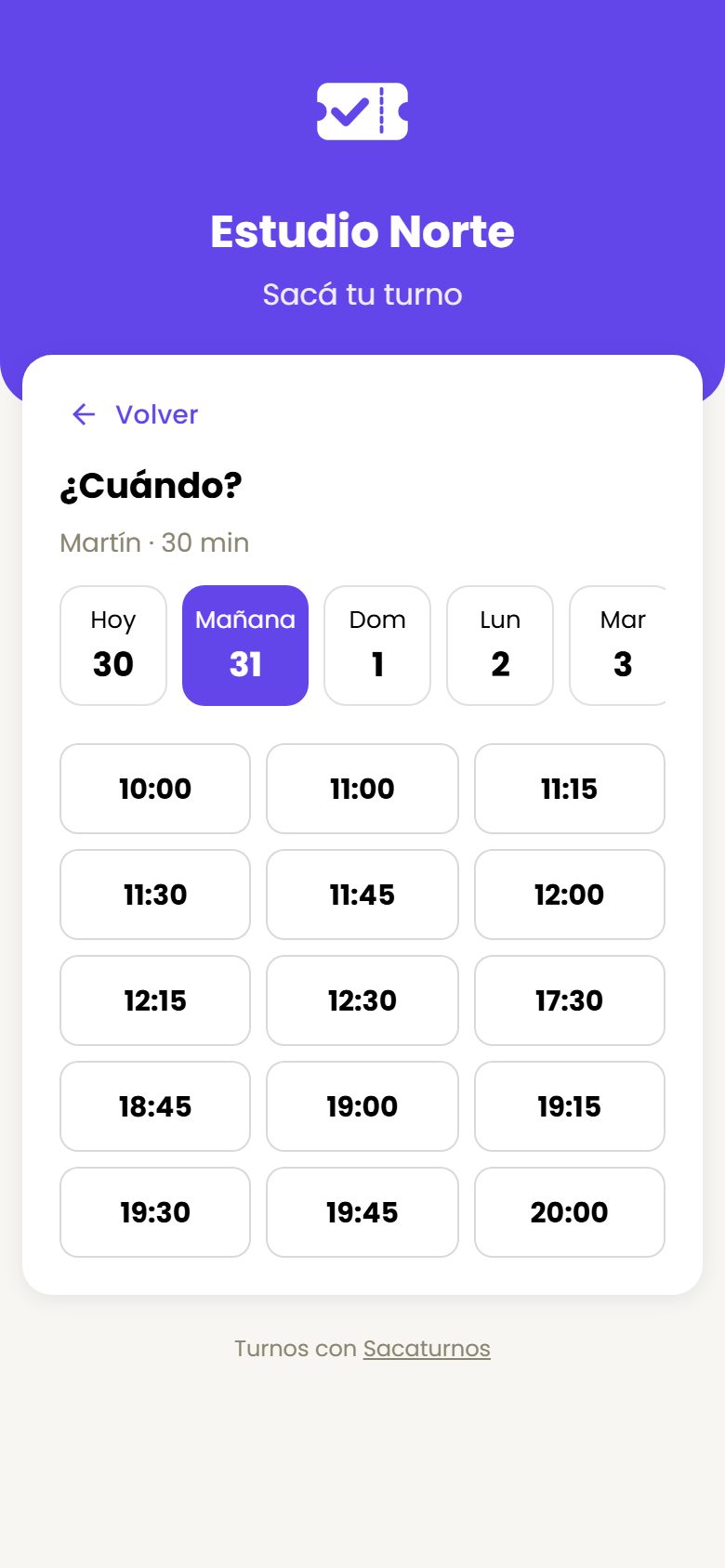 La página de reserva de Sacaturnos en un celular: el cliente elige el día y el horario